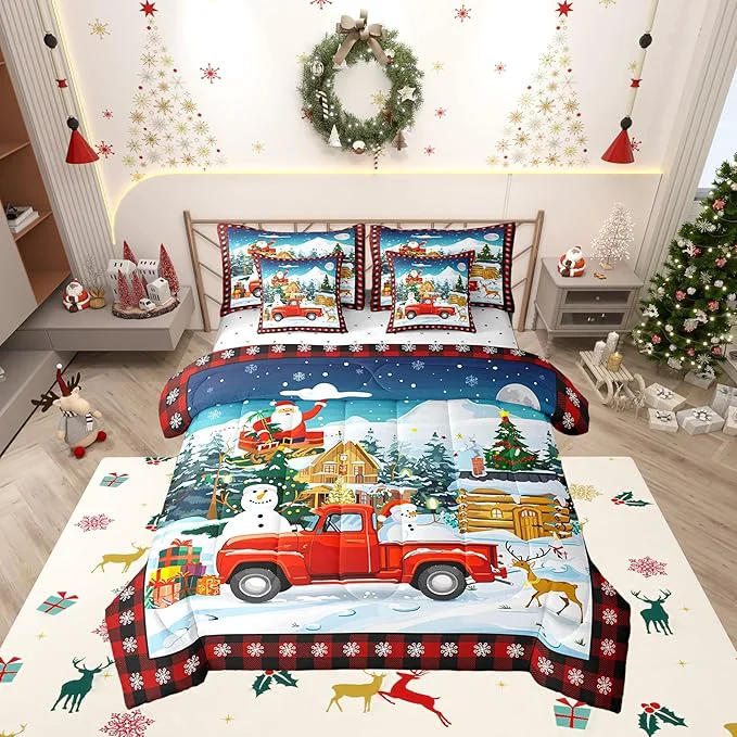 Authentic Cartoon Christmas Truck Comforter Set Bed in a Bag 7 Pieces Full Watercolor Snowman Santa Claus Bedding Set Cabin Comforter Fitted Flat Sheet 2 Pillowcases 2 Throw Pillow Covers Advanced