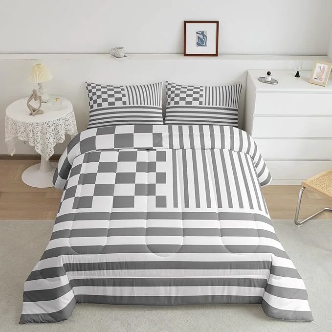 Casual Grey Stripes Bedding Set Twin Size Buffalo Check Plaid Comforter Fashion Plaid Geometric Comforter Set Modern Simple Style Duvet Set 2Pcs Quilt Set 1 Comforter Set with 1 Pillowcase Organic