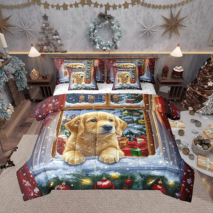 Specialty Castle Fairy Cute Dog Puppy 7 Pieces Bedding Set Queen Bed in a Bag Watercolor Christmas Trees Bell Comforter Set Kids Happy New Year Gifts Soft Warm Microfiber Bedding Solid