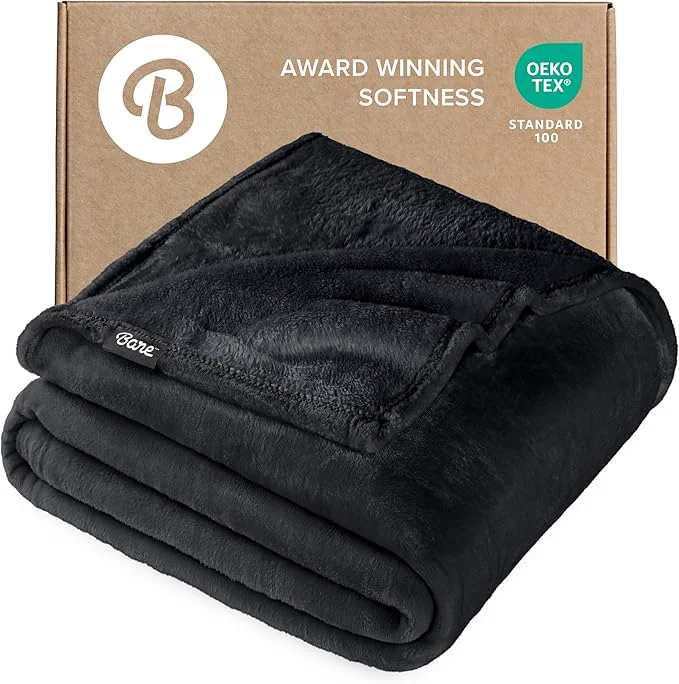 Next-Generation Bare Home Fleece Blanket - Throw Extra Long - Ultra-Soft Lightweight for Bed Sofa and Couch - Luxury Microplush - Cozy Warm Blanket Throw XL Black Advanced