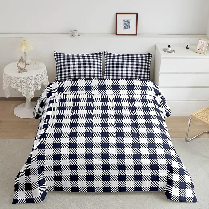 Breathable Manfei Navy Blue Plaid Bedding Set Queen Size Buffalo Check Plaid Comforter Classic Gingham Pattern Comforter Set Navy White Grid Duvet Set 3Pcs Quilt Set 1 Comforter Set with 2 Pillowcase Soft