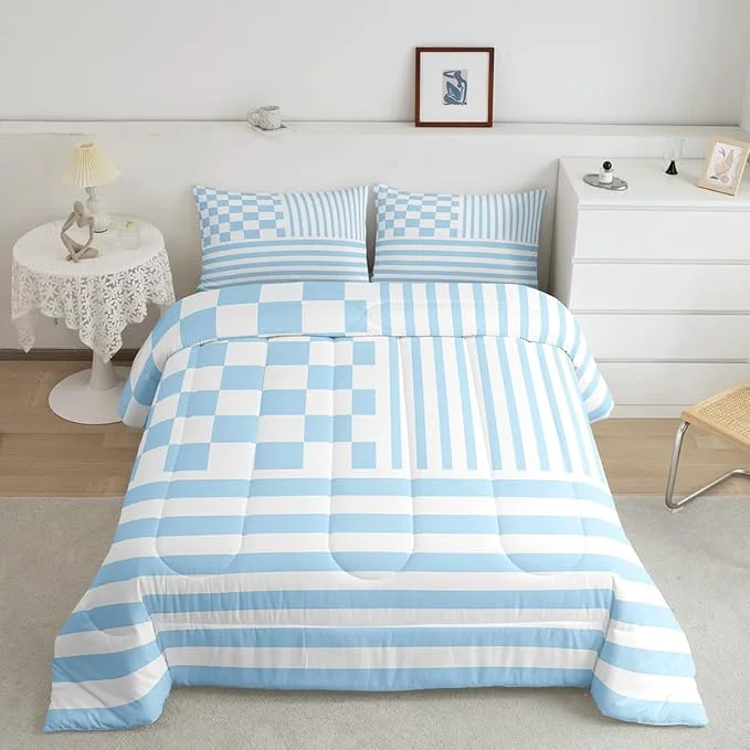 High-Performance Blue Plaid Bedding Set Full Size Fashion Buffalo Check Comforter Blue Stripes Geometric Comforter Set Modern Simple Style Duvet Set 3Pcs Quilt Set 1 Comforter Set with 2 Pillowcase Fashionable