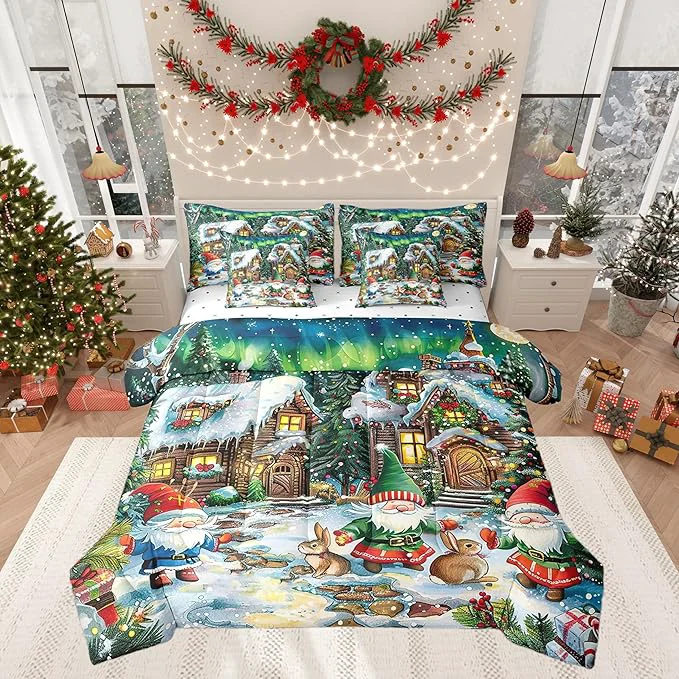 Authentic Cartoon Christmas Cabin Comforter Set 7 Pieces Winter Santa Gnome Bed Set Rustic Botanical Flowers Bedding Bed in a Bag Soft Full 1 Comforter 2 Pillowcase 2 Pillow Covers 1 Flat Sheet 1 Fitted Sheet Innovative