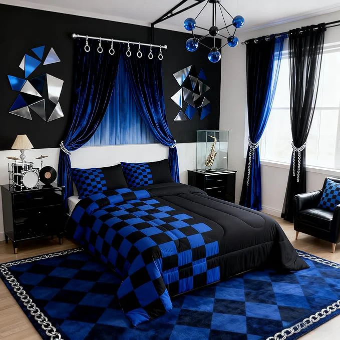 Traditional Geometric Check Comforter Set Full Size Video Games Plaid Lattice Kids Bedding Set Modern Grid Simple Quilt Comforter Black Blue Duvet Insert 2 Pillowcases Verified