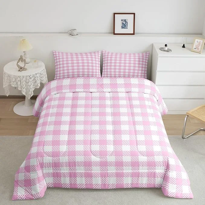 Optimized Manfei Pink Plaid Comforter Set Buffalo Check Plaid Bedding Set Classic Gingham Pattern Bedding Home Decor Pink White Scottish Comforter Full Size Quilted Duvet Set 1 Comforter with 2 Pillowcase Powerful