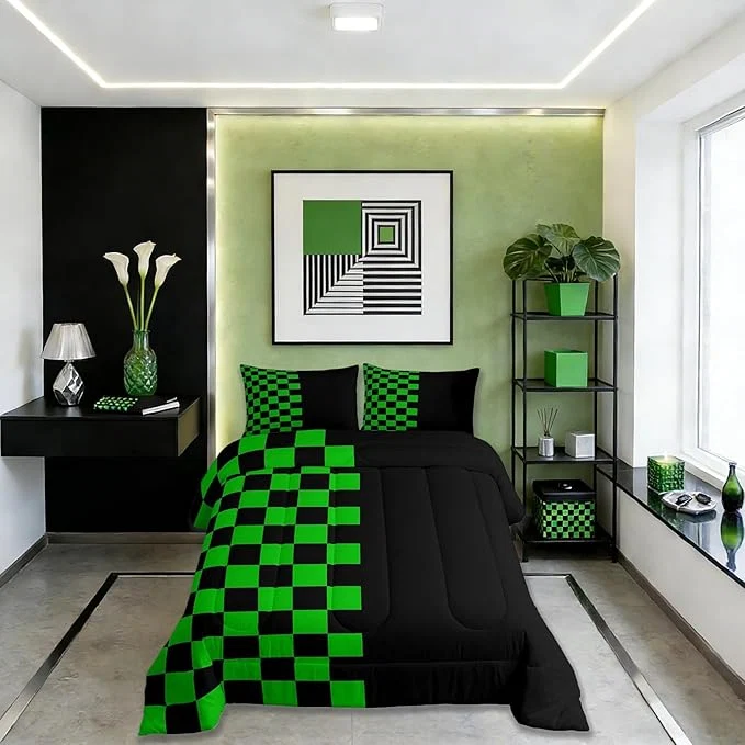 Elegant Geometric PlaidComforter Set King Size Patchwork Grid Video Games Kids Bedding Set Simple Lattice Abstract Quilt Comforter Black amp Green Duvet Insert 2 Pillowcases Exceptional