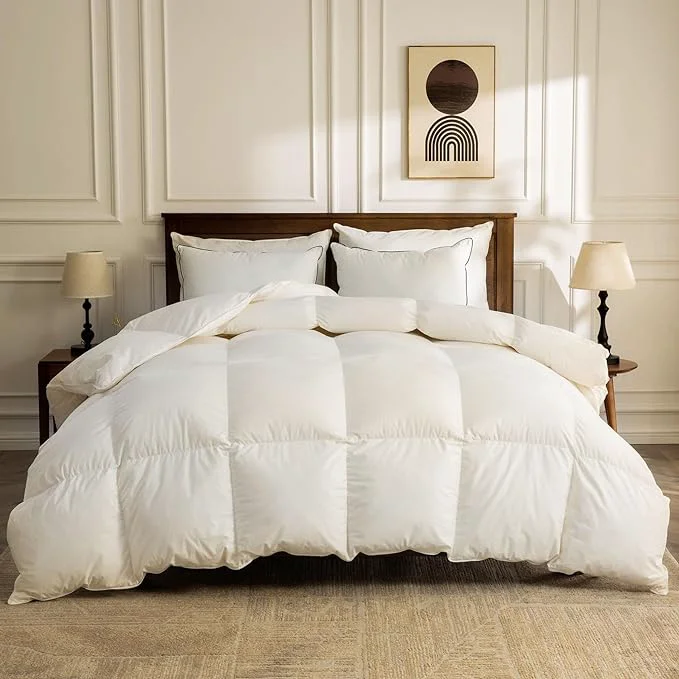 Recyclable BPC Lightweight Organic Feather Down Comforter Twin Size Hotel-Luxury Fluffy Duvet Insert with Cotton Cover and Puffy Feather Down Filling for Summer Hot Sleepers Ivory White 68x90 Inches Responsible