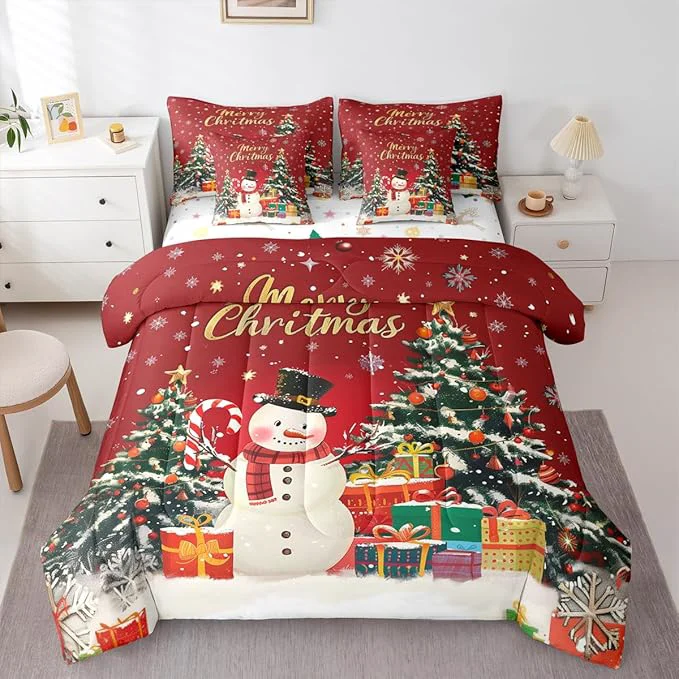 Official Castle Fairy Merry Christmas 7 PCS Comforter Set Cartoon Snowman Christmas Trees Bedding Set for Kids Girls Happy New Year Gifts Bed in a Bag with Comforter Sheets and Pillow Cases King Dependable