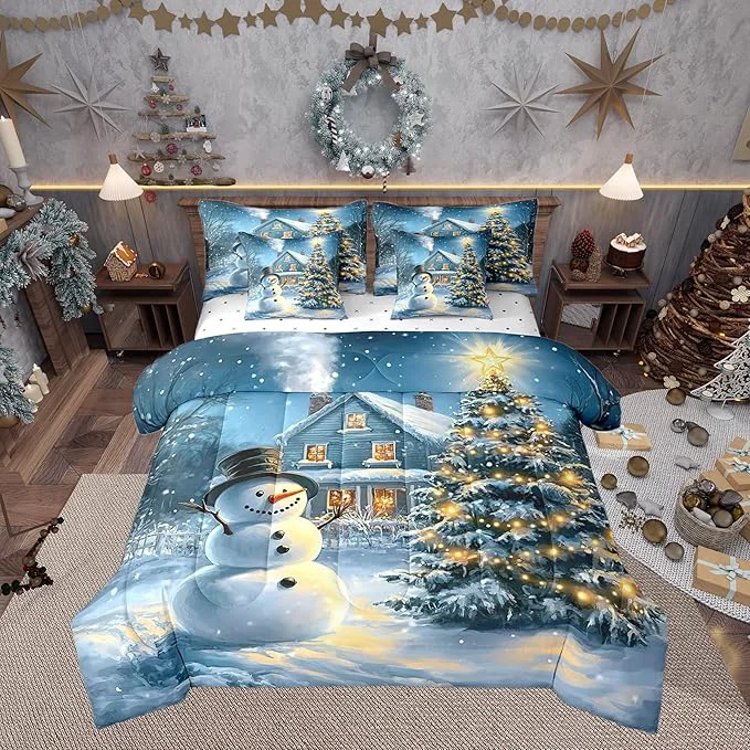 High-Performance Christmas Night Queen Comforter Set with Sheets Bed in a Bag 7 Pcs Cartoon Xmas Snowman Winter Snow Bed Set Farmhouse Style Bedding Sets with Comforter Flat Fitted Sheet Pillowcases Pillow Covers Crafted