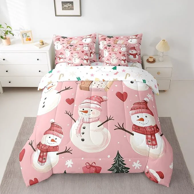 Exceptional Cute Snowman Full Comforter Set with Sheets Bed in a Bag 7 Pcs Christmas Trees Gifts Bed Set Red Hearts Winter Snow Bedding Sets with Comforter Flat Fitted Sheet Pillowcases Pillow Covers Carefully Designed