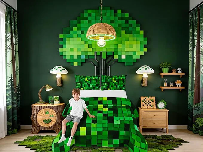Minimalist Pixelated Blocks Miners Kids Comforter Set Queen Size Video Games Game Gamepad Bedding Set Girl Boy Room Decor Geometric Grid Patchwork Quilt Comforter Green Duvet Set Bedroom Quilt Set 2 Pillowcases Reusable
