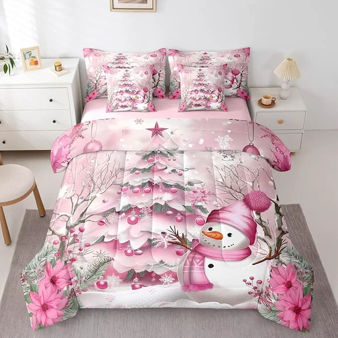 Breathable Pink Christmas Tree Comforter Set 7 Pieces Cute Snowman Winter Bed Set Xmas Theme Flowers Leaves Bedding Queen with 1 Comforter 1 Fitted Sheet 1 Flat Sheet 2 Pillowcases 2 Throw Pillow Cover Optimized