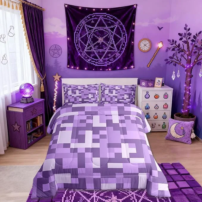 Dependable Pixel Grid Miners Comforter Set King Size Video Games Plaid Lattice Kids Bedding Set Geometric Check Quilt Comforter Light Purple Duvet Insert 2 Pillowcases Premium Material