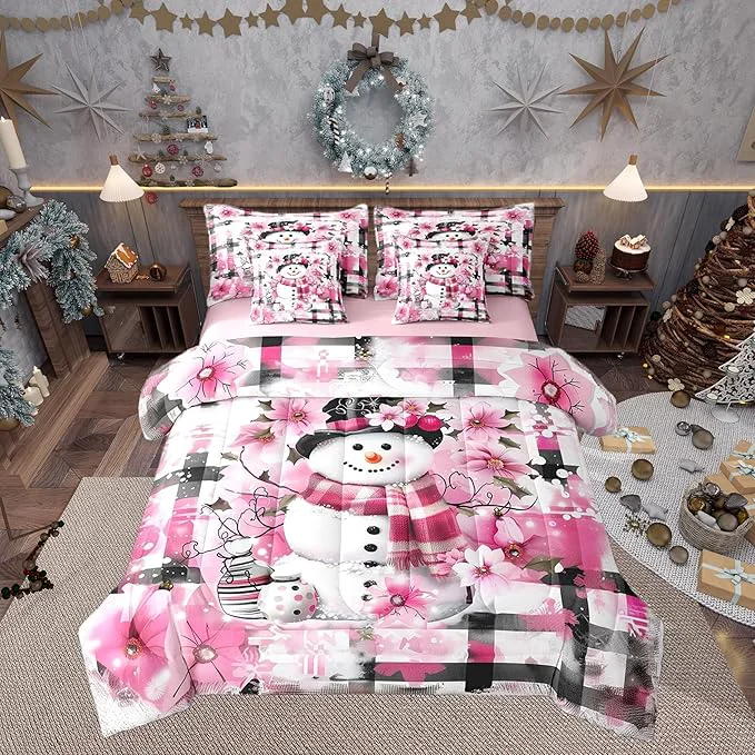 Organic Castle Fairy Kawaii Snowman 7 Pieces Bedding Set King Bed in a Bag Pink Cherry Blossom Winter Flowers Comforter Set Modern Abstract Soft Warm Microfiber Bedding Exceptional