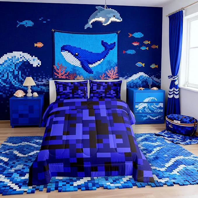 Quality Pixelated Blocks Kid Comforter Set Queen Size Army Camouflage Miners Game Bedding Set Boy Room Decor Geometric Grid Patchwork Quilt Comforter Black Dark Blue Duvet Set Bedroom Quilt Set 2 Pillowcases World-Class