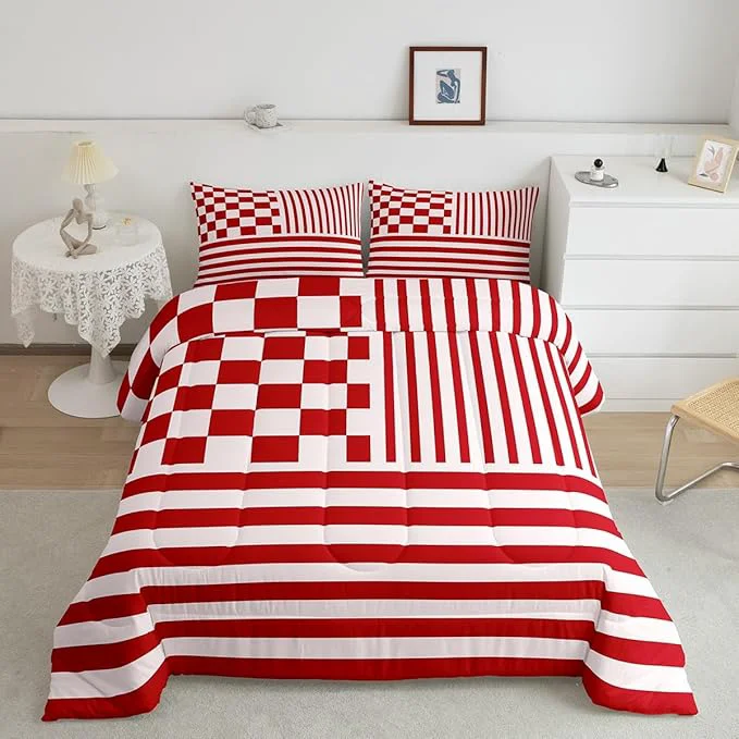 Environmentally Friendly Red Stripes Comforter Set Buffalo Check Plaid Bedding Set Fashion Plaid Geometric Bedding Home Decor Modern Simple Style Comforter Full Size Quilted Duvet Set 1 Comforter with 2 Pillowcase Solid