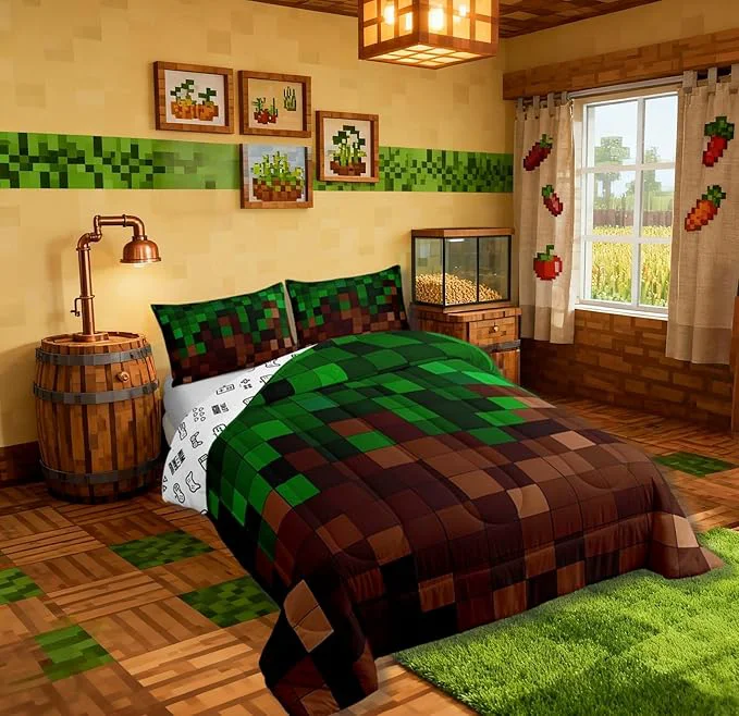Lightweight Pixelated Comforter Set Full Size Patchwork Grid Video Games Kids Bedding Set Miners Lattice Simple Quilt Comforter Dark Green Brown Duvet Insert 2 Pillowcases Trusted
