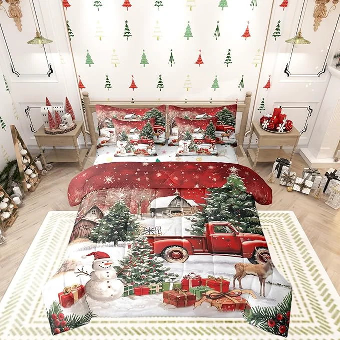 Professional Castle Fairy Farmhouse Christmas 7 PCS Comforter Set Xmas Truck Cute Snowman Bedding Set for Kids Girls Rustic Pine Tree Deer Bed in a Bag with Comforter Sheets and Pillow Cases Full High-Quality