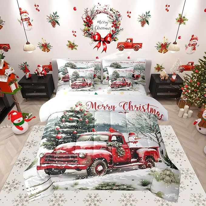 User-Friendly Castle Fairy Merry Christmas Comforter Set 7 Pieces Red Truck Snowman Bed Set for Adults Winter Pine Tree Bedding Queen with 1 Comforter 1 Fitted Sheet 1 Flat Sheet 2 Pillowcases 2 Throw Pillow Cover Superior