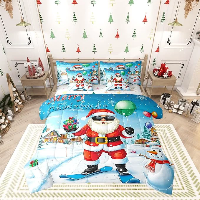 Genuine Castle Fairy Skiing Santa 7 Pieces Bedding Set Twin Bed in a Bag Merry Christmas House Gifts Snowman Comforter Set Farmhouse New Year Decor Soft Warm Microfiber Bedding Convenient