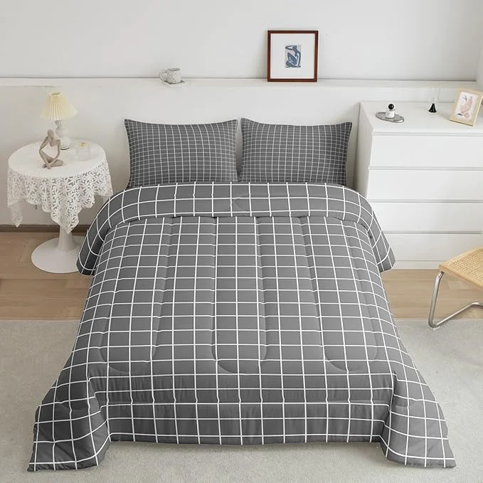 Detailed Grey Plaid Comforter Set Buffalo Check Plaid Bedding Set Classic Gingham Pattern Bedding Home Decor Modern Simple Style Comforter Twin Size Quilted Duvet Set 1 Comforter with 1 Pillowcase Next-Generation