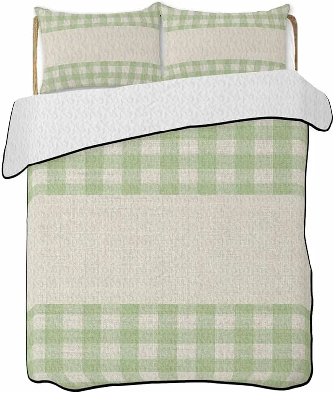 Trusted Full Size Quilt Bedding Set Retro Green Lightweight Summer Quilt 3 Pieces Bedding Sets Farmhouse Buffalo Plaid Vintage Beige Reversible Soft Bedspreads Coverlets with 2 Pillow Shams for All Season Exclusive