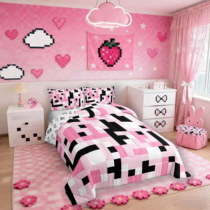 Dependable Manfei Pixelated Miners Kid Comforter Set Full Size Video Game Game Gamepad Bedding Set Boy Room Decor Geometric Grid Square Quilt Comforter Black Pink White Duvet Set Bedroom Quilt Set 2 Pillowcases High-Quality