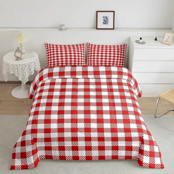 Practical Manfei Red Plaid Bedding Set Queen Size Buffalo Check Plaid Comforter Classic Gingham Pattern Comforter Set Red White Grid Duvet Set 3Pcs Quilt Set 1 Comforter Set with 2 Pillowcase Stylish