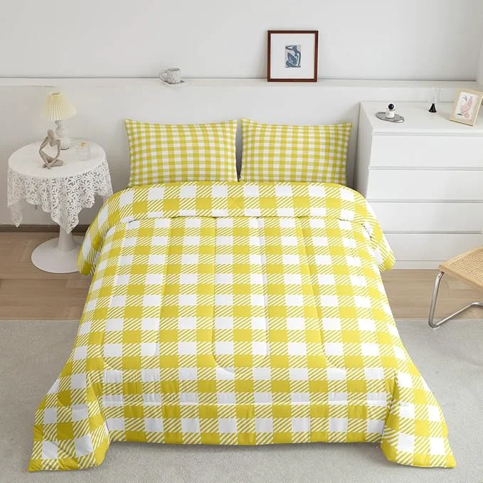 Modern Manfei Yellow Plaid Comforter Set Buffalo Check Plaid Bedding Set Classic Gingham Pattern Bedding Home Decor Yellow White Scottish Comforter Full Size Quilted Duvet Set 1 Comforter with 2 Pillowcase Artisan