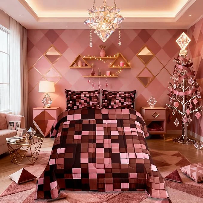 Responsible Miners Pixel Checked Kids Bedding Set King Size Video Games Check Lattice Comforter Set，Game Cartoon Gamepad Quilt Comforter Dark Red Bedroom Duvet Insert 2 Pillowcases Enhanced