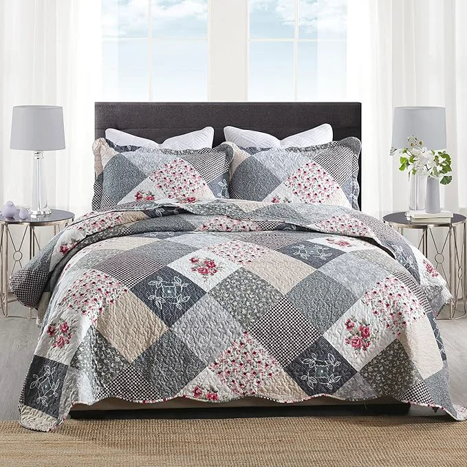 Easy-to-Use HoneiLife Quilt Set Queen Size - 3 Piece Microfiber Quilts Reversible Bedspreads Patchwork Coverlets Floral Bedding Set All Season Quilts-Grey Rose Queen Full Size Sophisticated