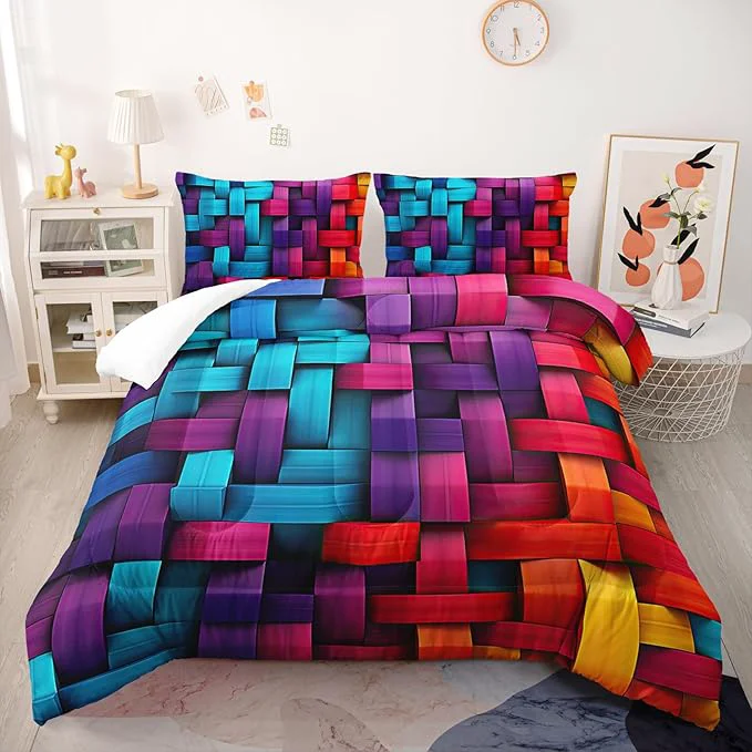 Natural Colorful Checkered Comforter Set Queen 3D Grid Bedding Sets 3PCS for Kids Teen Adult Room Decor Ultra-Soft Lightweight Microfiber 1 Comforter with 2 Pillowcases