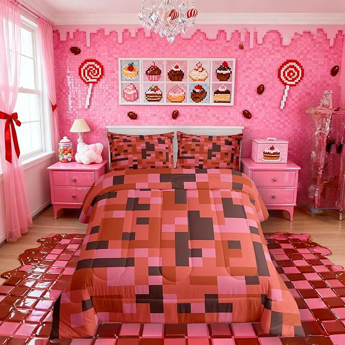 Professional Pixelated Miners Game Comforter Set Full Size Camo Geometric Check Kids Bedding Set Reversible Gamepad Video Games Quilt Comforter Red Brown Duvet Insert 2 Pillowcases Advanced