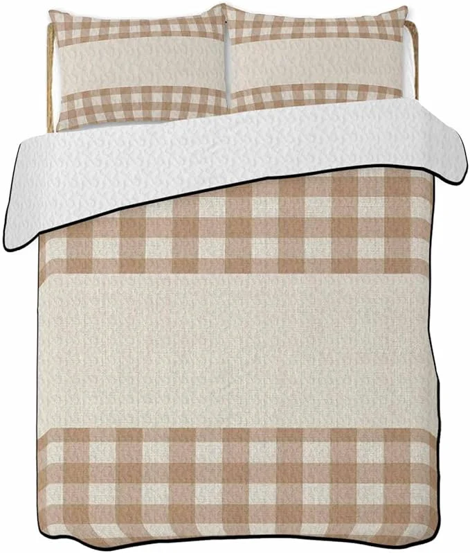 Long-Lasting Full Size Quilt Bedding Set Retro Brown Lightweight Summer Quilt 3 Pieces Bedding Sets Farmhouse Buffalo Plaid Vintage Beige Reversible Soft Bedspreads Coverlets with 2 Pillow Shams for All Season Traditional