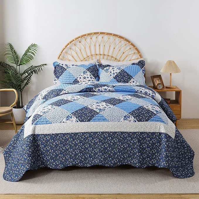 Authentic HoneiLife Quilt Set Queen Size - 3 Piece Microfiber Quilts Reversible Bedspreads Patchwork Coverlets Floral Bedding Set All Season Quilts with Blue and White Porcelain Pattern Queen Size Dependable