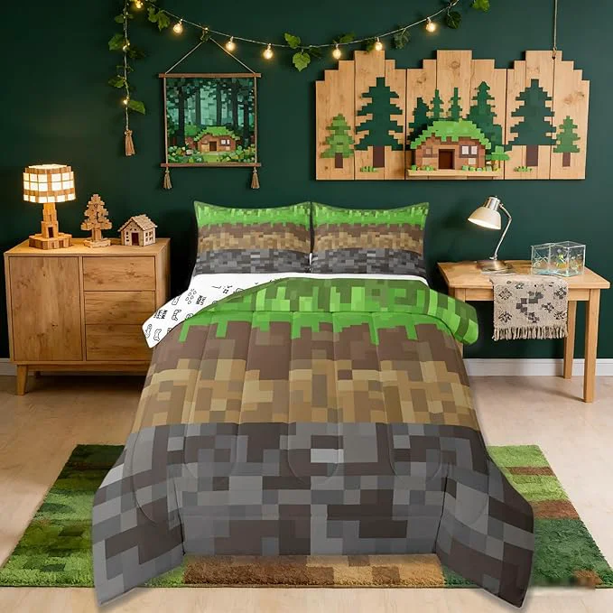 Advanced Miners Pixel Checked Kids Comforter Set Full Size Video Games Check Lattice Bedding Set Boys Room Decor Game Cartoon Gamepad Quilt Comforter Gray Green Brown Duvet Set Bedroom Quilt Set 2 Pillowcases User-Friendly