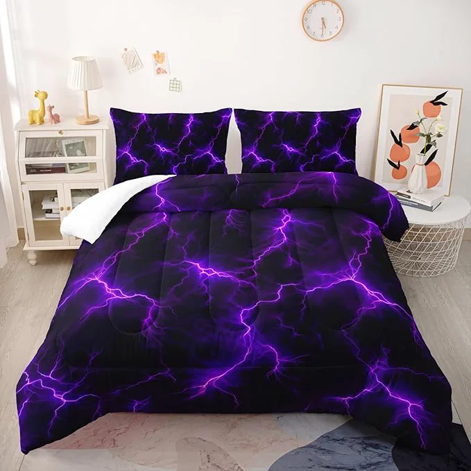 Fashionable Violet Lightning Comforter Set Queen Thunder Bedding Sets 3PCS for Kids Teen Adult Violet Room Decor Ultra-Soft Lightweight Microfiber 1 Comforter with 2 Pillowcases Premium