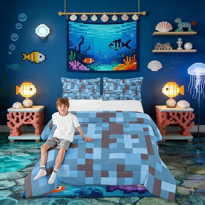 Long-Lasting Pixel Grid Miners Comforter Set King Size Reversible Gamepad Video Games Kids Bedding Set Army Camo Geometric Quilt Comforter Black Light Blue Duvet Insert 2 Pillowcases High-Grade