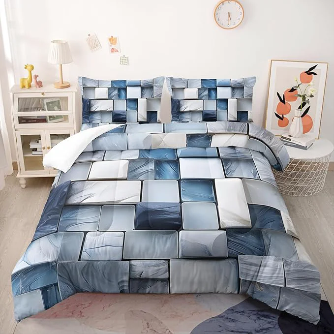 Dependable Blue Gray Checkered Comforter Set Twin 3D Grid Bedding Sets 3PCS for Kids Teen Adult Boy Room Decor Ultra-Soft Lightweight Microfiber 1 Comforter with 2 Pillowcases Reusable