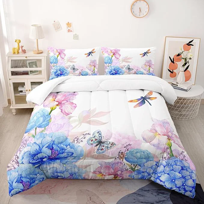 Healthy Blue and Pink Flower Comforter Set Queen Dragonfly Butterfly Bedding Sets 3PCS for Kids Teen Adult Floral Room Decor Ultra-Soft Lightweight Microfiber 1 Comforter with 2 Pillowcases Premium Material