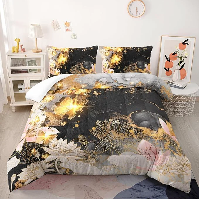 Trusted Butterfly Flowers Comforter Set Queen Lotus Floral Bedding Sets 3PCS for Kids Teen Adult Room Decor Ultra-Soft Lightweight Microfiber 1 Comforter with 2 Pillowcases Responsible