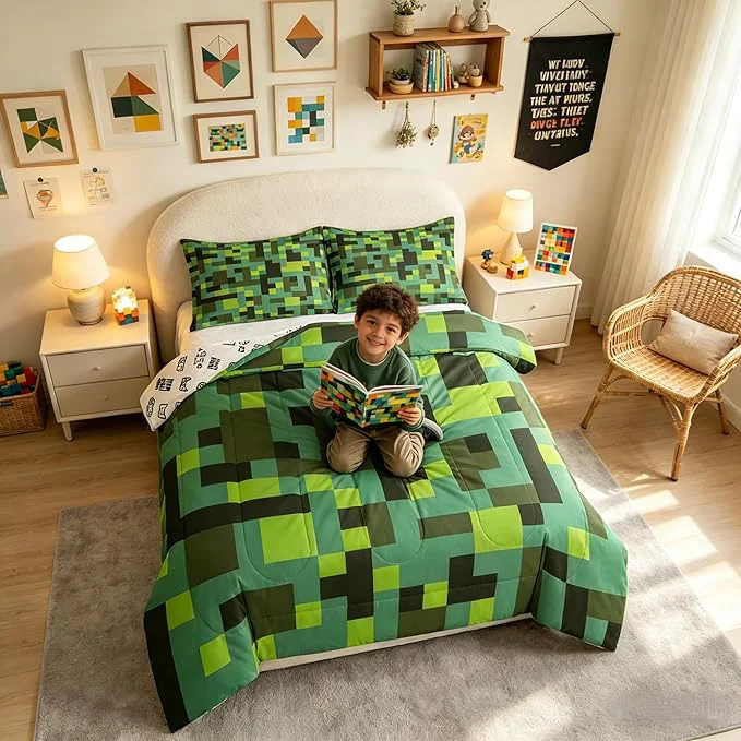 Consistent Manfei Pixel Grid Miners Bedding Set Twin Size Geometric Grid Patchwork Pixelated Comforter Set，Cartoon Gamepad Video Games Quilt Comforter Boys Teens Cyan Green Room Decor All Season 1 Pillowcase Fashionable