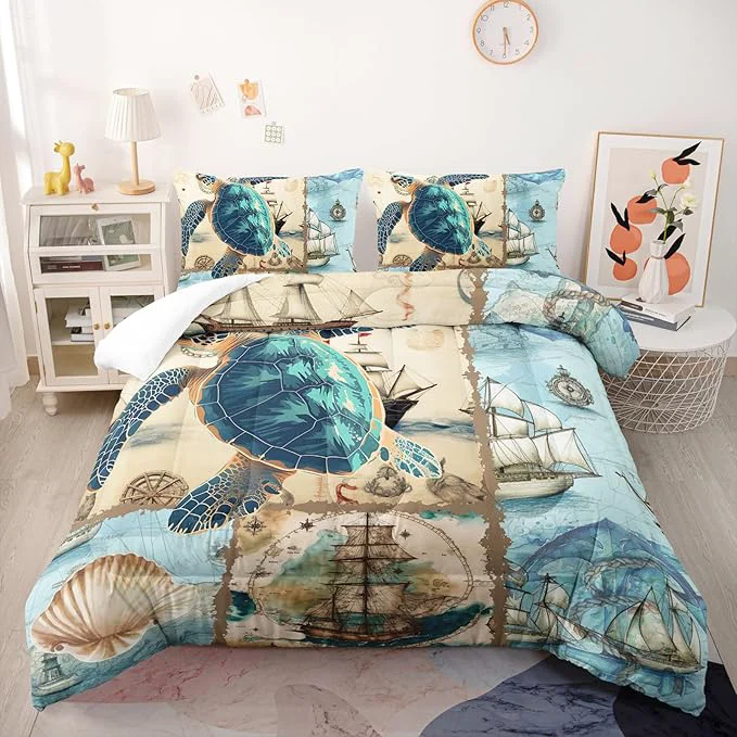Crafted Sea Turtle Comforter Set Full Navigation Theme Bedding Sets 3PCS for Kids Teen Adult Sailboats Room Decor Ultra-Soft Lightweight Microfiber 1 Comforter with 2 Pillowcases Relaxed