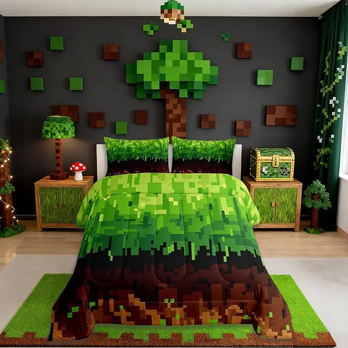 Innovative Manfei Pixelated Bedding Set Twin Size Patchwork Grid Video Games Comforter Set Miners Lattice Simple Quilt Comforter Boys Teens Brown Green Room Decor All Season 1 Pillowcase Genuine