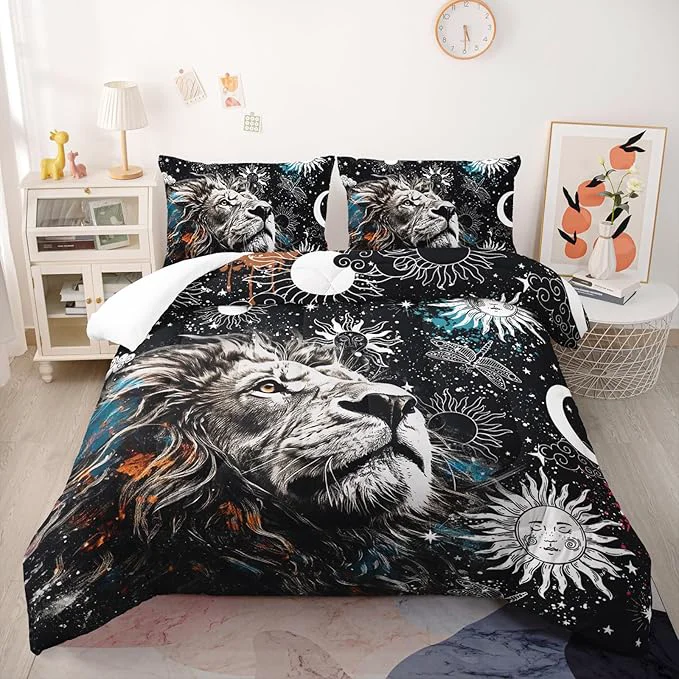 Pure Galaxy Lion Comforter Set Twin Sun and Moon Bedding Sets 3PCS for Kids Teen Adult Room Decor Ultra-Soft Lightweight Microfiber 1 Comforter with 2 Pillowcases Advanced