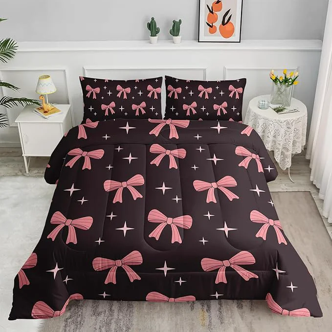 Excellent Pink Cute Bow Comforter Set for Girls Full Size Pink Bowknot and Stars Comforter Colorful Bedding for Kids Boys Girls Girly Kawaii Princess Themed Quilt Set 1 Comforter 2 Pillowcases Selected