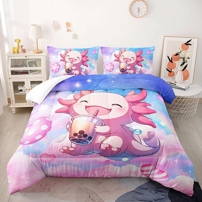 Green Cute Salamander Comforter Set Full Kawaii Axolotl Bedding Sets 3PCS for Kids Teen Adult Girl Room Decor Ultra-Soft Lightweight Microfiber 1 Comforter with 2 Pillowcases Organic