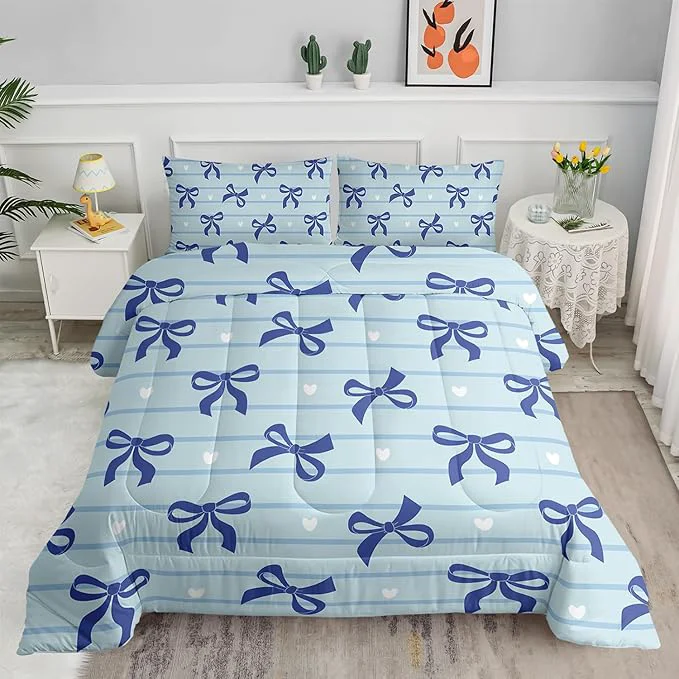 Smart 3Pcs Bow Bedding for Girls Blue Bowknot and White Love Heart Printed Bedding Set King Size Blue Striped Comforter for Teens Boys Girls Kawaii Cartoon Comforter Set 1 Quilt 2 Pillowshams Easy-to-Use