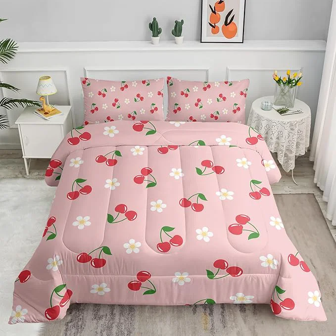 Effective Pink Kawaii Bedding Set for Girls 3Pcs Cute Cartoon Fruit Printed Bedding King Size Cherries and Flowers Comforter for Kids Girls Women Lovely Pink Floral Comforter Set 1 Quilt 2 Pillowcases Convenient