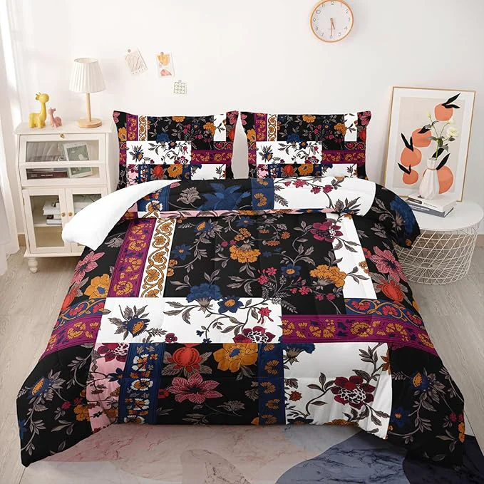 Fine Boho Floral Comforter Set Twin Size Checkered Flower Bedding Sets 3PCS for Kids Teen Adult Retro Flowers Room Decor Ultra-Soft Lightweight Microfiber 1 Comforter with 2 Pillowcases Next-Generation